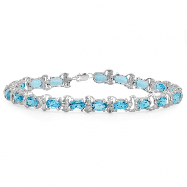 9.45 Carat (ctw) Sterling Silver Real Oval Cut Blue Topaz Ladies Link Bracelet