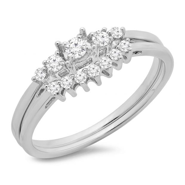 0.25 Carat (ctw) 14K White Gold Round Cut Diamond Ladies 5 Stone Bridal Engagement Ring With Matching Band Set 1/4 CT