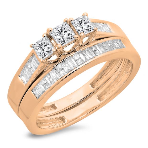 0.90 Carat (ctw) 14K Rose Gold Princess & Baguette Cut Diamond Ladies Bridal 3 Stone Engagement Ring With Matching Band Set
