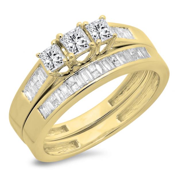0.90 Carat (ctw) 14K Yellow Gold Princess & Baguette Cut Diamond Ladies Bridal 3 Stone Engagement Ring With Matching Band Set