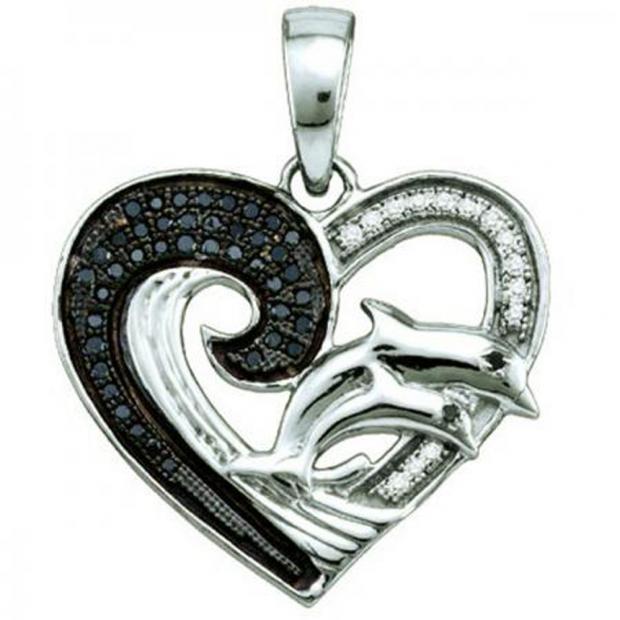 0.20 Carat (ctw) Sterling Silver Round Cut Black & White Diamond Ladies Dolphins Heart Pendant 1/5 CT