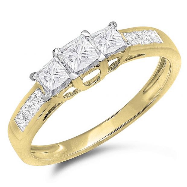 1.00 Carat (ctw) 14K Yellow Gold Princess Cut Diamond Ladies 3 Stone Bridal Engagement Ring 1 CT
