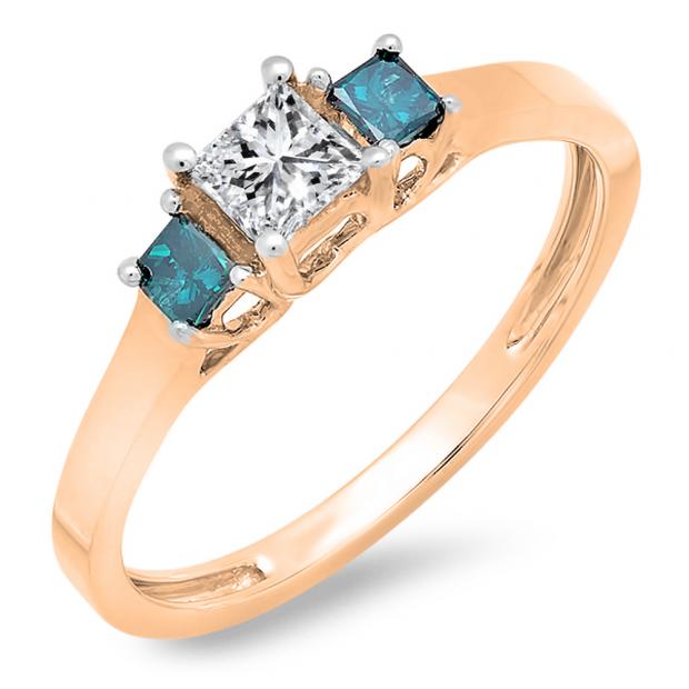 0.45 Carat (ctw) 10K Rose Gold Princess Cut Blue & White Diamond Ladies Bridal 3 Stone Engagement Ring 1/2 CT