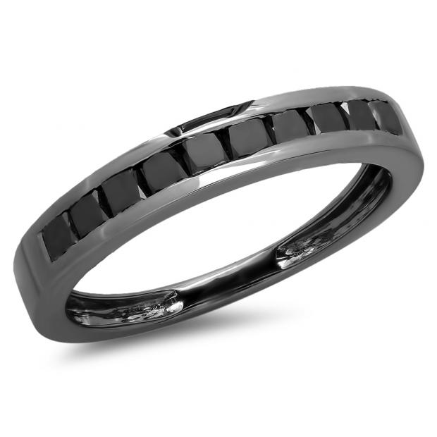 0.90 Carat (ctw) Black Rhodium Plated Sterling Silver Princess Cut Black Diamond Ladies Bridal Anniversary Wedding Band Ring