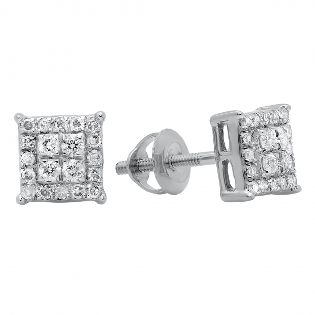 0.30 Carat (ctw) 10K White Gold Round White Diamond Ladies Square Shape Stud Earrings 1/3 CT