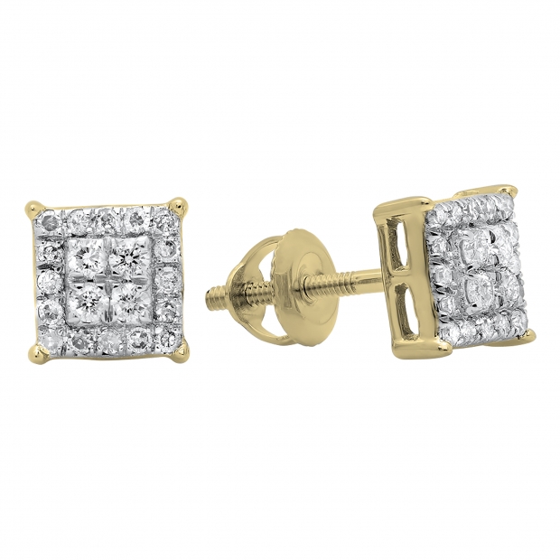 0.30 Carat (ctw) 18K Yellow Gold Round White Diamond Ladies Square Shape Stud Earrings 1/3 CT