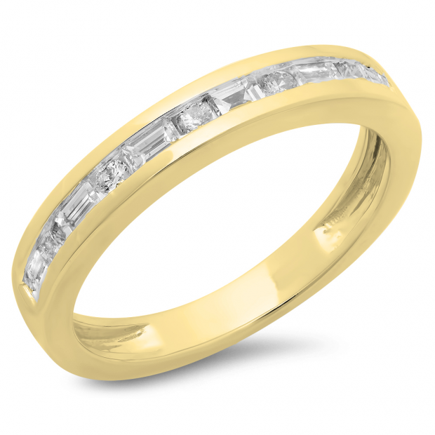 0.55 Carat (ctw) 18K Yellow Gold Alternating Round & Baguette Cut Diamond Ladies Channel Set Anniversary Wedding Band Stackable Ring 1/2 CT