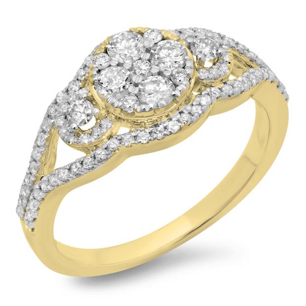 0.80 Carat (ctw) 10K Yellow Gold Round Cut Diamond Ladies Bridal Split Shank Cluster Engagement Ring 3/4 CT