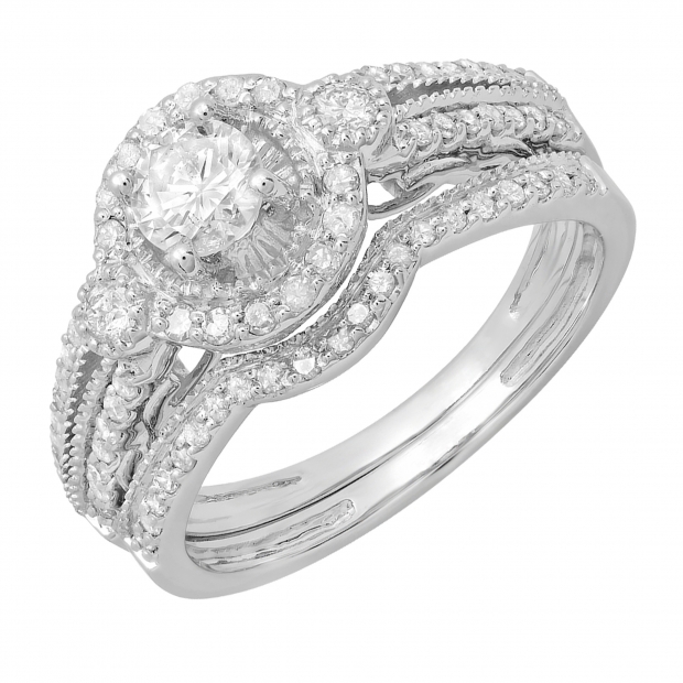 0.98 Carat (ctw) 14K White Gold Round Cut White Diamond Ladies Bridal Halo Engagement Ring Set With Matching Band 0.40 CT Center Included 1 CT