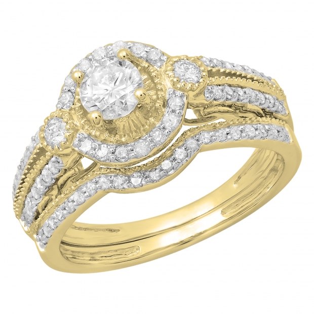 0.98 Carat (ctw) 14K Yellow Gold Round Cut White Diamond Ladies Bridal Halo Engagement Ring Set With Matching Band 0.40 CT Center Included 1 CT
