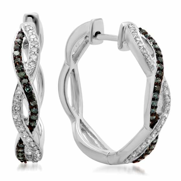 0.25 Carat (ctw) 10K White Gold Round Blue & White Diamond Ladies Twisted Swirl Hoop Earrings 1/4 CT