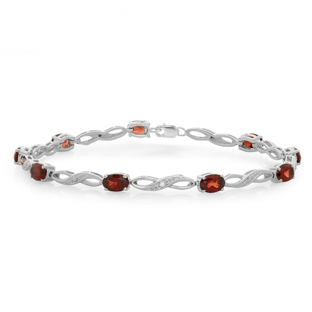 5.00 Carat (ctw) Sterling Silver Real Oval Cut Genuine Garnet & Round White Diamond Ladies Link Bracelet