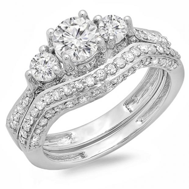 1.75 Carat (ctw) 14K White Gold Round White Diamond Ladies Vintage 3 Stone Bridal Engagement Ring Set 1 3/4 CT