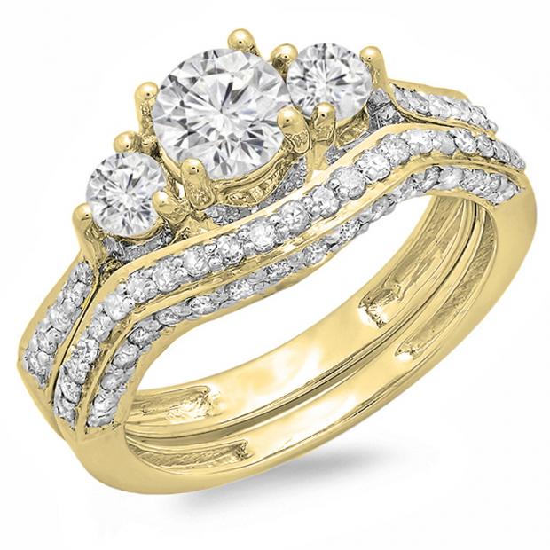 1.75 Carat (ctw) 14K Yellow Gold Round White Diamond Ladies Vintage 3 Stone Bridal Engagement Ring Set 1 3/4 CT