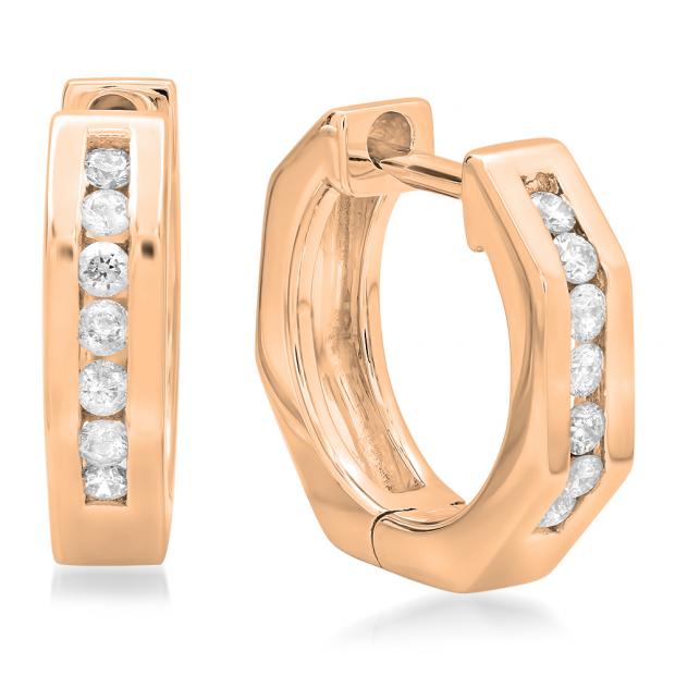 0.20 Carat (ctw) 10K Rose Gold Round Cut Diamond Ladies Huggie Hoop Earrings 1/5 CT