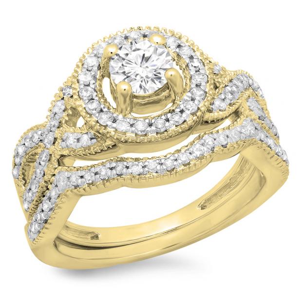 1.00 Carat (ctw) 18K Yellow Gold Round Cut Diamond Ladies Swirl Bridal Halo Engagement Ring With Matching Band Set 1 CT