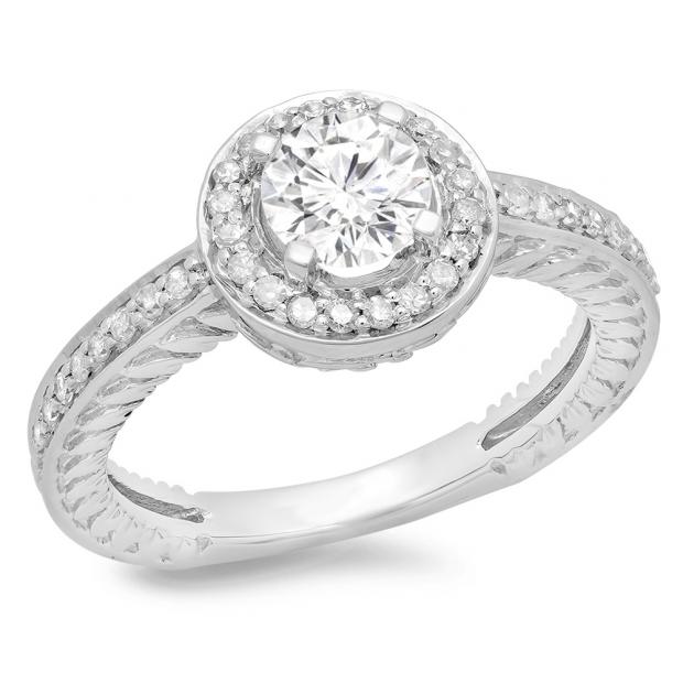1.00 Carat (ctw) 14K White Gold Round Cut Diamond Ladies Bridal Vintage Halo Style Engagement Ring 1 CT