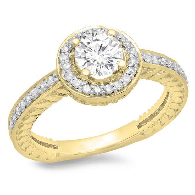 1.00 Carat (ctw) 14K Yellow Gold Round Cut Diamond Ladies Bridal Vintage Halo Style Engagement Ring 1 CT