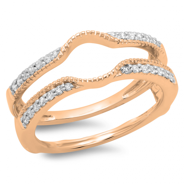 0.25 Carat (ctw) 14K Rose Gold Round Cut Diamond Ladies Anniversary Wedding Band Enhancer Guard Double Ring 1/4 CT