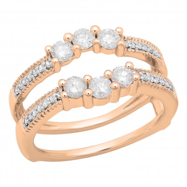 0.80 Carat (ctw) 14K Rose Gold Round Cut Diamond Ladies Anniversary Wedding Band 3 Stone Enhancer Guard Double Ring 3/4 CT