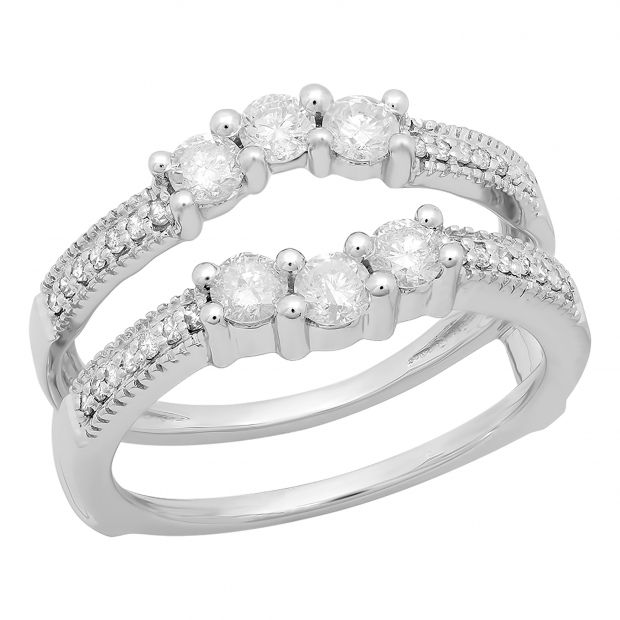 0.80 Carat (ctw) 14K White Gold Round Cut Diamond Ladies Anniversary Wedding Band 3 Stone Enhancer Guard Double Ring 3/4 CT