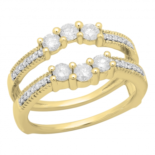 0.80 Carat (ctw) 14K Yellow Gold Round Cut Diamond Ladies Anniversary Wedding Band 3 Stone Enhancer Guard Double Ring 3/4 CT