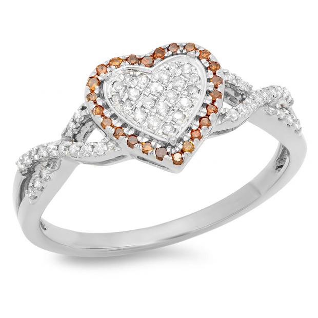 0.25 Carat (ctw) 14K White Gold Round Cut Red & White Diamond Ladies Bridal Swirl Promise Heart Ring 1/4 CT