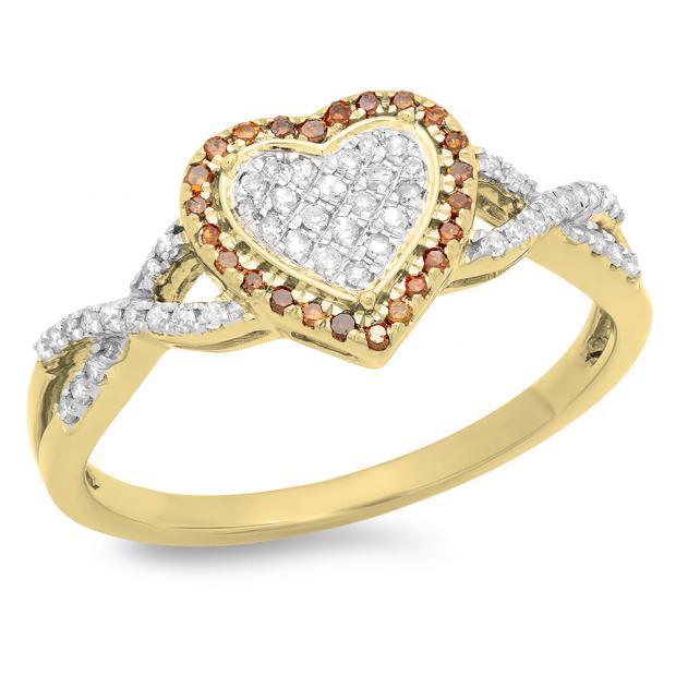 0.25 Carat (ctw) 18K Yellow Gold Round Cut Red & White Diamond Ladies Bridal Swirl Promise Heart Ring 1/4 CT