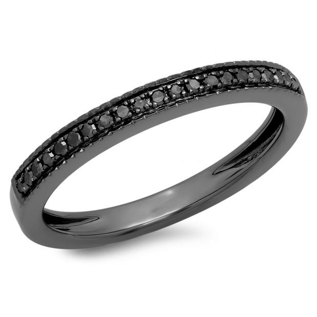 0.12 Carat (ctw) Black Rhodium Plated 18K White Gold Round Cut Black Real Diamond Ladies Wedding Anniversary Milgrain Stackable Band