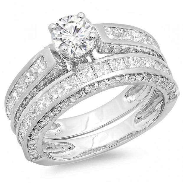 3.25 Carat (ctw) 14K White Gold Princess & Round Diamond Ladies Bridal Engagement Ring Set With Matching Band