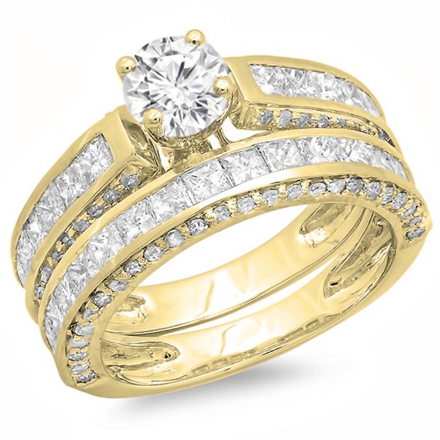 3.25 Carat (ctw) 18K Yellow Gold Princess & Round Diamond Ladies Bridal Engagement Ring Set With Matching Band