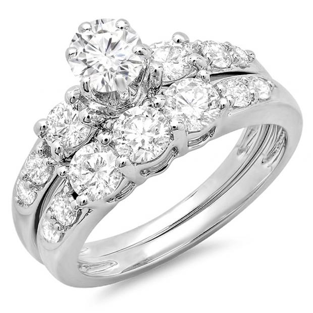 2.30 Carat (ctw) 18K White Gold Round Diamond Ladies 3 Stone Bridal Engagement Ring Matching Band Set