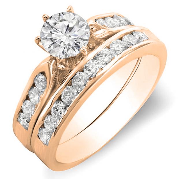 1.40 Carat (ctw) 10K Rose Gold Round Diamond Ladies Bridal Engagement Ring Set With Matching Band