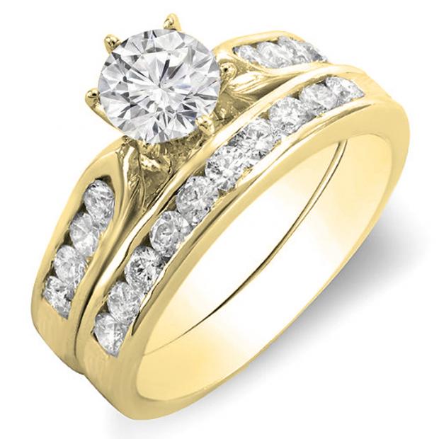 1.40 Carat (ctw) 14K Yellow Gold Round Diamond Ladies Bridal Engagement Ring Set With Matching Band