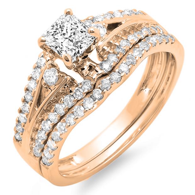 1.40 Carat (ctw) 10K Rose Gold Princess & Round Diamond Ladies Ring Engagement Bridal Wedding Band Set