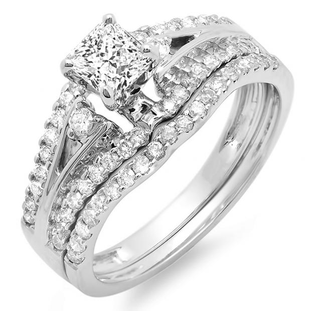 1.40 Carat (ctw) 10K White Gold Princess & Round Diamond Ladies Ring Engagement Bridal Wedding Band Set