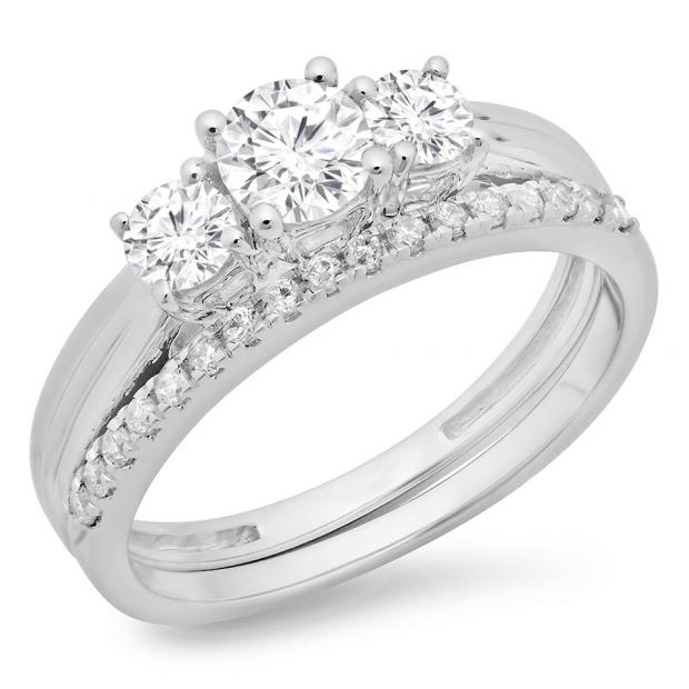 1.00 Carat (ctw) 18K White Gold Round Cut Diamond Ladies Bridal 3 Stone Engagement Ring Matching Band Set 1 CT