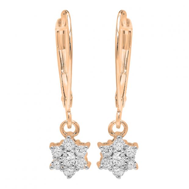 0.30 Carat (ctw) 10K Rose Gold Round Cut Diamond Ladies Cluster Flower Dangling Drop Earrings 1/3 CT