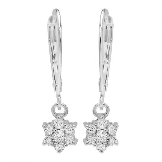 0.30 Carat (ctw) 14K White Gold Round Cut Diamond Ladies Cluster Flower Dangling Drop Earrings 1/3 CT