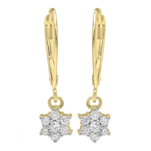 0.30 Carat (ctw) 14K Yellow Gold Round Cut Diamond Ladies Cluster Flower Dangling Drop Earrings 1/3 CT