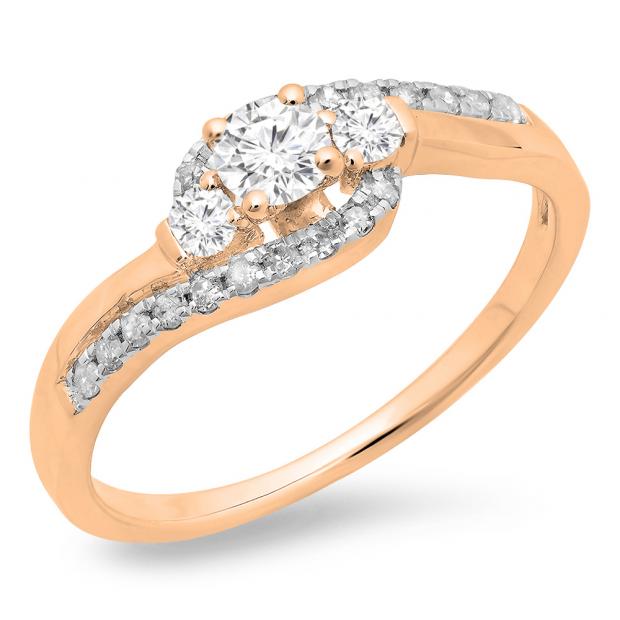 0.50 Carat (ctw) 14K Rose Gold Round Cut Diamond Ladies Bridal Bypass Swirl 3 Stone Engagement Ring 1/2 CT