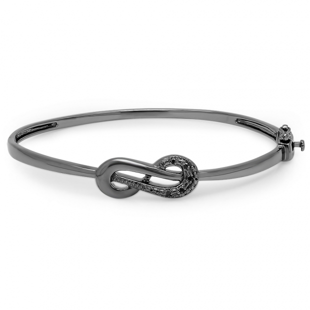 0.08 Carat (ctw) Black Rhodium Plated Sterling Silver Round Cut Black Diamond Ladies Infinity Loop Bangle Bracelet