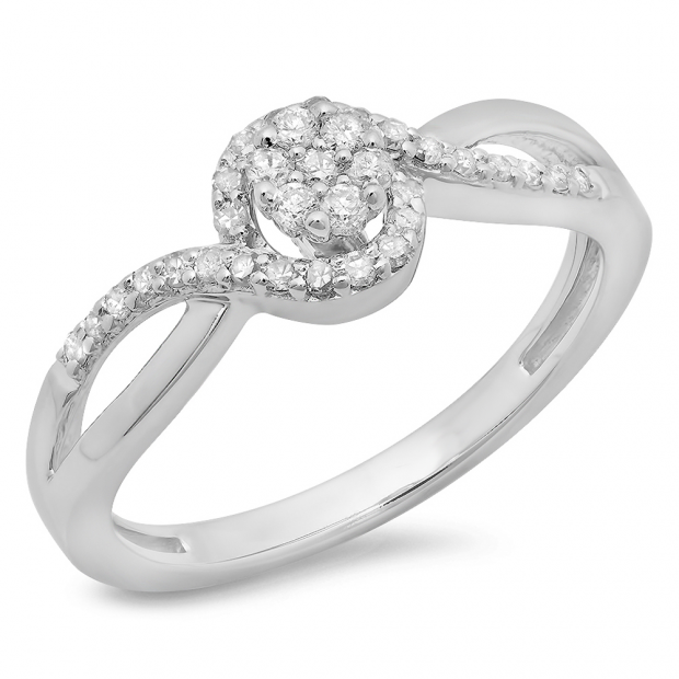 0.30 Carat (ctw) 10K White Gold Round Cut Diamond Ladies Twisted Swirl Split Shank Bridal Cluster Engagement Ring 1/3 CT