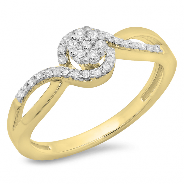 0.30 Carat (ctw) 14K Yellow Gold Round Cut Diamond Ladies Twisted Swirl Split Shank Bridal Cluster Engagement Ring 1/3 CT