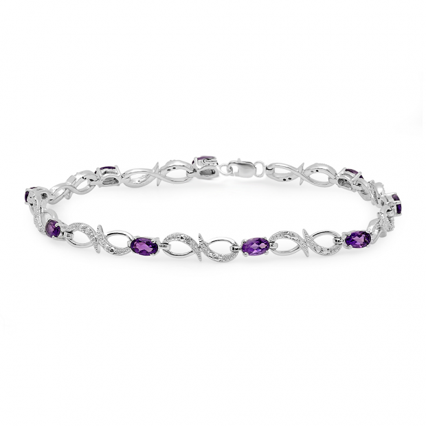 2.11 Carat (ctw) Sterling Silver Real Oval Cut Genuine Amethyst & Round White Diamond Ladies Link Bracelet