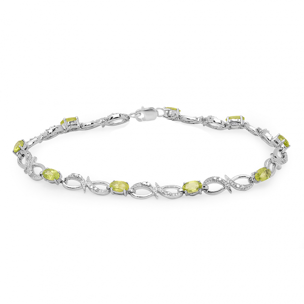 2.57 Carat (ctw) Sterling Silver Real Oval Cut Genuine Peridot & Round White Diamond Ladies Link Bracelet