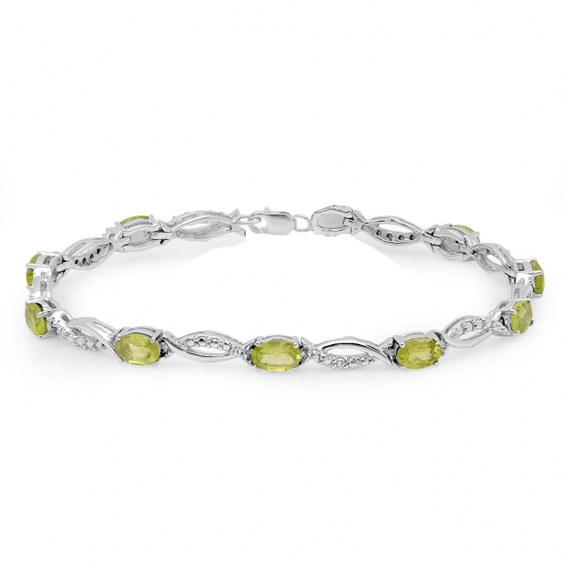 4.82 Carat (ctw) Sterling Silver Real Oval Cut Genuine Peridot & Round White Diamond Ladies Link Bracelet