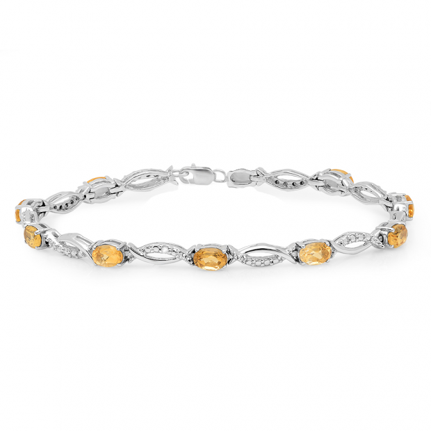 4.39 Carat (ctw) Sterling Silver Oval Citrine & Round White Diamond Ladies Link Bracelet