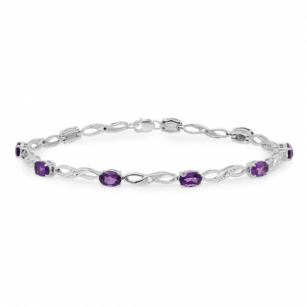 3.59 Carat (ctw) Sterling Silver Real Oval Cut Genuine Amethyst & Round White Diamond Ladies Link Bracelet