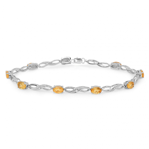 3.88 Carat (ctw) Sterling Silver Real Oval Cut Genuine Citrine & Round White Diamond Ladies Link Bracelet
